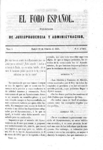 'El Foro español :  periódico de jurisprudencia y administración.' - Tomo 3 Número 5 - 1850 febrero 20