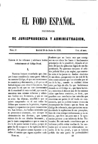 'El Foro español :  periódico de jurisprudencia y administración.' - Tomo 3 Número 17 - 1850 junio 20