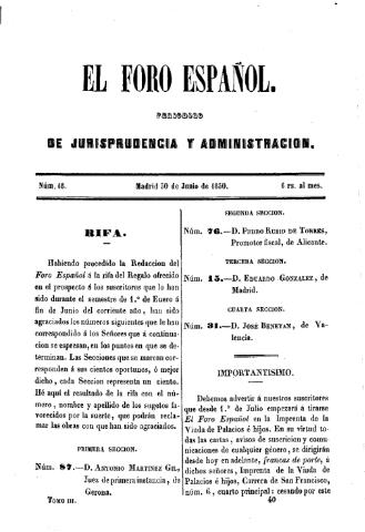 'El Foro español :  periódico de jurisprudencia y administración.' - Tomo 3 Número 18 - 1850 junio 30