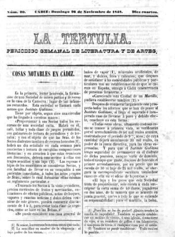 'La Tertulia periódico semanal de literatura y de artes' - Número 20 - 1848 noviembre 26