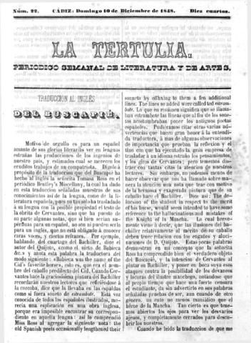 'La Tertulia periódico semanal de literatura y de artes' - Número 22 - 1848 diciembre 10