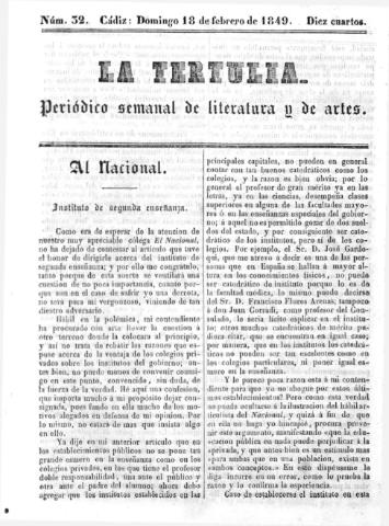 'La Tertulia periódico semanal de literatura y de artes' - Número 32 - 1849 febrero 18