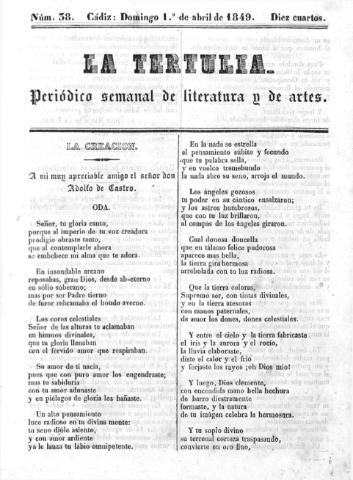 'La Tertulia periódico semanal de literatura y de artes' - Número 38 - 1849 abril 1