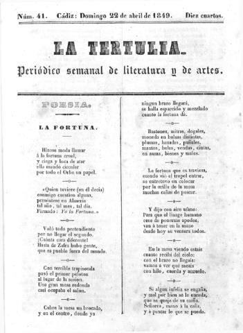 'La Tertulia periódico semanal de literatura y de artes' - Número 41 - 1849 abril 22