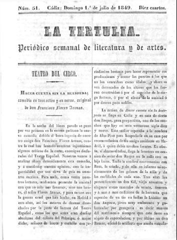 'La Tertulia periódico semanal de literatura y de artes' - Número 51 - 1849 julio 1