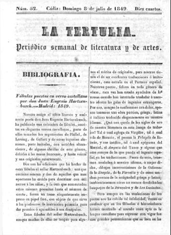 'La Tertulia periódico semanal de literatura y de artes' - Número 52 - 1849 julio 8