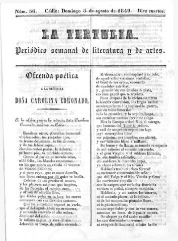 'La Tertulia periódico semanal de literatura y de artes' - Número 56 - 1849 agosto 5