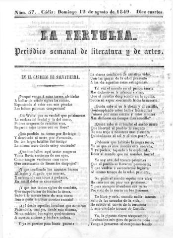 'La Tertulia periódico semanal de literatura y de artes' - Número 57 - 1849 agosto 12