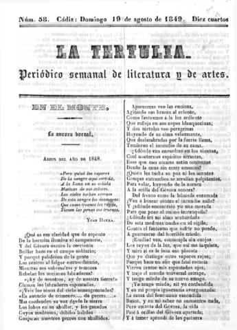 'La Tertulia periódico semanal de literatura y de artes' - Número 58 - 1849 agosto 19