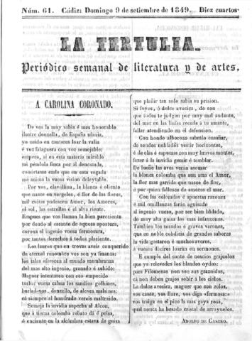 'La Tertulia periódico semanal de literatura y de artes' - Número 61 - 1849 septiembre 9