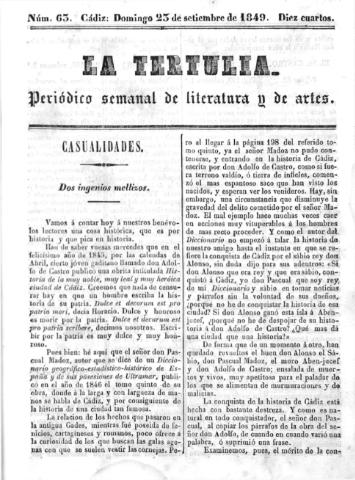 'La Tertulia periódico semanal de literatura y de artes' - Número 63 - 1849 septiembre 23