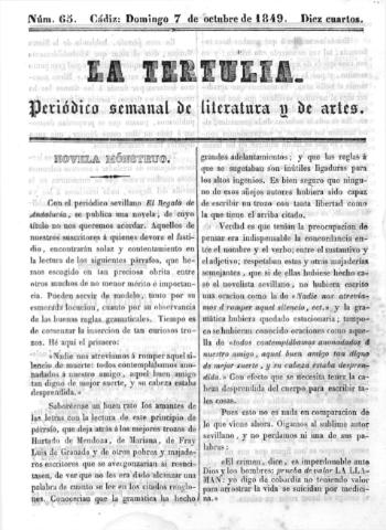 'La Tertulia periódico semanal de literatura y de artes' - Número 65 - 1849 octubre 7