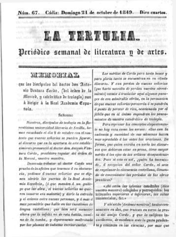 'La Tertulia periódico semanal de literatura y de artes' - Número 67 - 1849 octubre 21
