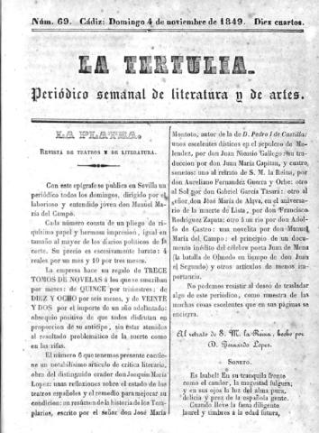 'La Tertulia periódico semanal de literatura y de artes' - Número 69 - 1849 noviembre 4