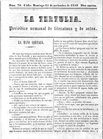 'La Tertulia periódico semanal de literatura y de artes' - Número 70 - 1849 noviembre 11