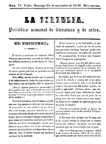 'La Tertulia periódico semanal de literatura y de artes' - Número 72 - 1849 noviembre 25