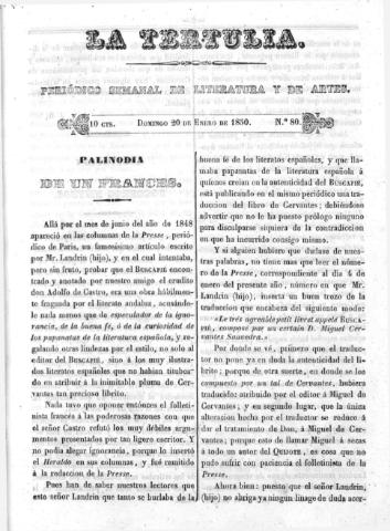 'La Tertulia periódico semanal de literatura y de artes' - Número 80 - 1850 enero 20