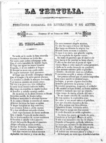 'La Tertulia periódico semanal de literatura y de artes' - Número 81 - 1850 enero 27