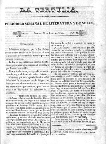 'La Tertulia periódico semanal de literatura y de artes' - Número 104 - 1850 junio 30