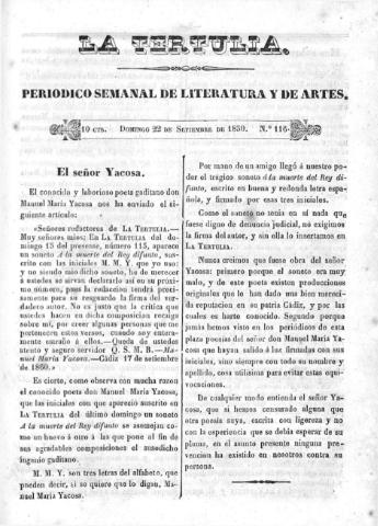 'La Tertulia periódico semanal de literatura y de artes' - Número 116 - 1850 septiembre 22