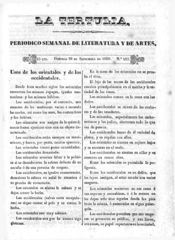 'La Tertulia periódico semanal de literatura y de artes' - Número 117 - 1850 septiembre 29