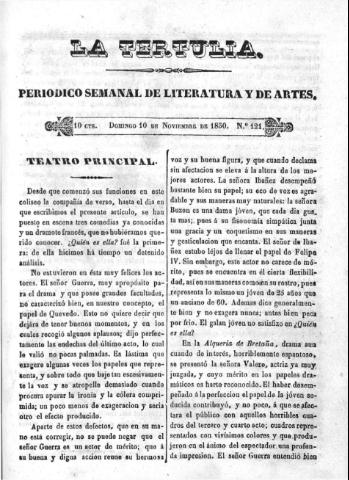 'La Tertulia periódico semanal de literatura y de artes' - Número 121 - 1850 noviembre 10