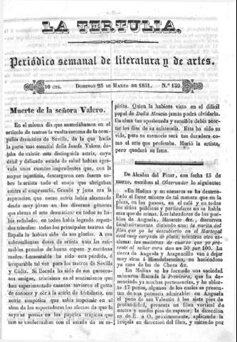 'La Tertulia periódico semanal de literatura y de artes' - Número 139 - 1851 marzo 23