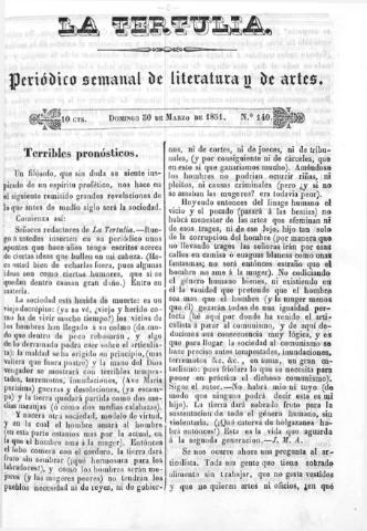 'La Tertulia periódico semanal de literatura y de artes' - Número 140 - 1851 marzo 30