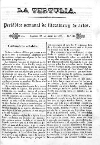 'La Tertulia periódico semanal de literatura y de artes' - Número 144 - 1851 abril 27
