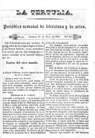 'La Tertulia periódico semanal de literatura y de artes' - Número 147 - 1851 mayo 25