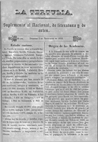 'La Tertulia periódico semanal de literatura y de artes' - 1851 noviembre 2