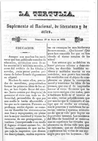 'La Tertulia periódico semanal de literatura y de artes' - 1852 julio 18