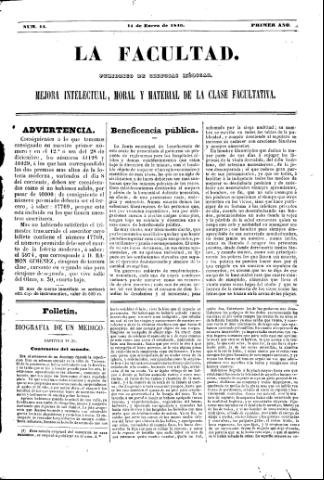 'La Facultad :  periódico de ciencias médicas.' - Año 1 Número 14 - 1846 enero 11