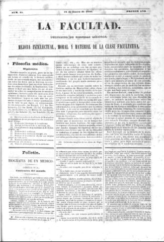 'La Facultad :  periódico de ciencias médicas.' - Año 1 Número 15 - 1846 enero 18