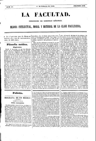 'La Facultad :  periódico de ciencias médicas.' - Año 1 Número 17 - 1846 febrero 1