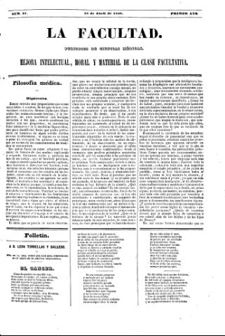'La Facultad :  periódico de ciencias médicas.' - Año 1 Número 27 - 1846 abril 19