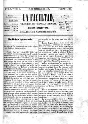 'La Facultad :  periódico de ciencias médicas.' - Tomo 2 Año 2 Número 7 - 1847 febrero 18