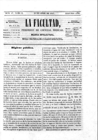 'La Facultad :  periódico de ciencias médicas.' - Tomo 2 Año 2 Número 17 - 1847 abril 27