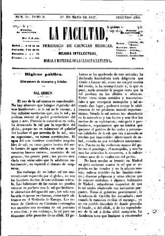'La Facultad :  periódico de ciencias médicas.' - Tomo 2 Año 2 Número 20 - 1847 mayo 20