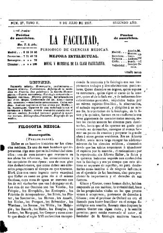 'La Facultad :  periódico de ciencias médicas.' - Tomo 2 Año 2 Número 27 - 1847 julio 8