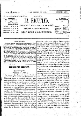 'La Facultad :  periódico de ciencias médicas.' - Tomo 2 Año 2 Número 32 - 1847 agosto 12