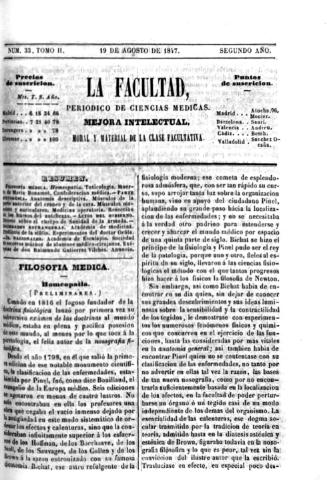 'La Facultad :  periódico de ciencias médicas.' - Tomo 2 Año 2 Número 33 - 1847 agosto 19