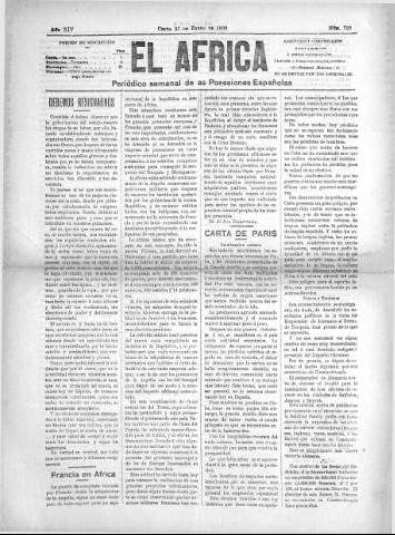 'El África  : Periódico semanal de las Posesiones Españolas' - Año XIV Número 733 - 1900 enero 27
