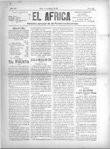 'El África  : Periódico semanal de las Posesiones Españolas' - Año XIV Número 742 - 1900 marzo 31