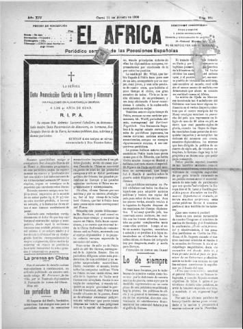 'El África  : Periódico semanal de las Posesiones Españolas' - Año XIV Número 761 - 1900 agosto 11