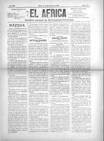 'El África  : Periódico semanal de las Posesiones Españolas' - Año XIV Número 772 - 1900 septiembre 22
