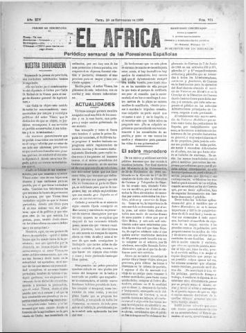 'El África  : Periódico semanal de las Posesiones Españolas' - Año XIV Número 773 - 1900 septiembre 29