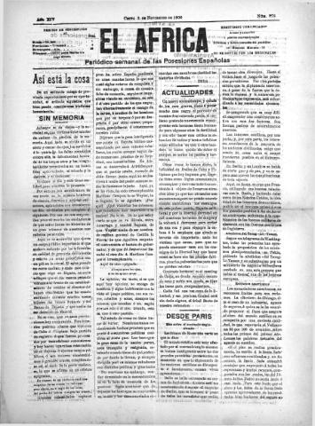 'El África  : Periódico semanal de las Posesiones Españolas' - Año XIV Número 778 - 1900 noviembre 3