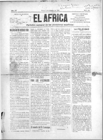 'El África  : Periódico semanal de las Posesiones Españolas' - Año XV Número 816 - 1901 agosto 8