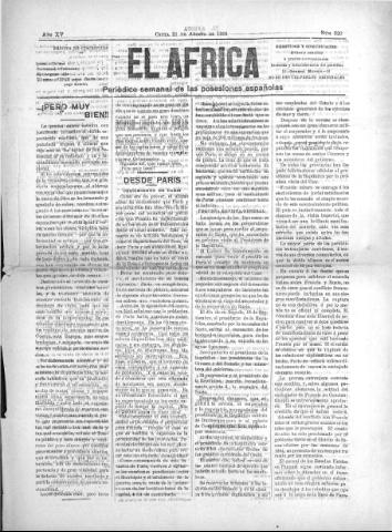 'El África  : Periódico semanal de las Posesiones Españolas' - Año XV Número 820 - 1901 agosto 31